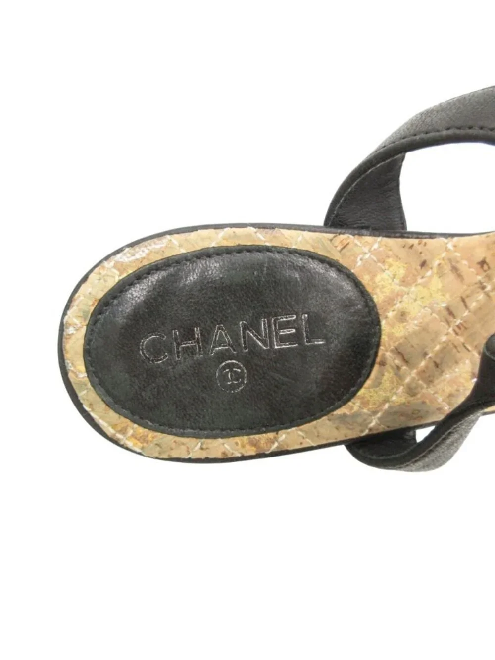 Chanel Sandals Beach Thong CC Logo T Strap Quilted Cork Black